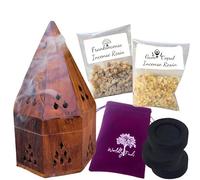 Resin Incense Burner Kit Starter Set, Natural Wood Incense Holder 5.5" ~ Hand-Crafted Resin & Cone Incense Burner,1oz Copal Resin,1 oz Frankincense Resin, Charcoal (Wood Burner & Resin Kit 1)