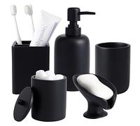 Resin Matte Black Bathroom Accessory Set of 5, Lotion Soap Dispenser, Bathroom Organizer Accessories, Toothbrush Holder, Self Draining Soap Hoder and Bathroom Tumbler for Modern Home Decor