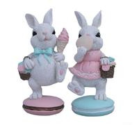 Resin Rabbit Figurine, 2-Pack Macaron Cake Style Decor, Cute Bunny Ornament for Home Office Window Display Easter