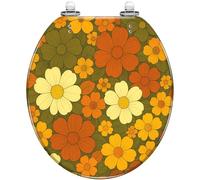 Resin Round Toilet Seat, Quiet Close Quick Release Hinges for Bathroom | 70s retro groovy vintage seamless floral pattern, with cover bumpers, decorative, easy to install