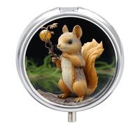 Resin Squirrel Travel Pill Box Case 3 Compartment Cute Pill Organizer Metal Pill Holder with Mirror Small Medicine Organizer Daily Pill Container for Purse Pocket Portable Meds Box
