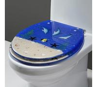 Resin Toilet Seat Round 16.5", Quiet Slow Soft Close Toilet Lid, Heavy Duty Toilet Seats Cover with Ocean Series 3D Effects Decorative, Quick Release Hinges for Easy Clean,E