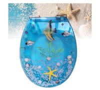 Resin Toilet Seat, Round Soft Close Quick Release 3D Effects Heavy Duty Toilet Seats with Blue Fish Seashells Cover, Acrylic Seats Ocean Series for U/V/O Type