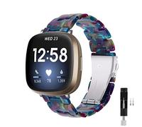 Resin Watch Band Watch Strap Compatible with Fitbit Versa 3/Fitbit Sense, Lightweight Adjustable Fashion Bracelet Wristband Replacement for Women Men with Stainless Metal Buckle（Purple Green Flower）