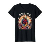 Resist Peace Sign Floral Progressive Protest Activist Value Graphic T-Shirt, Women, Black, L