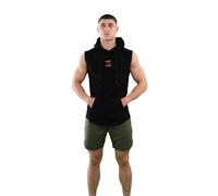RESISTANC3 - FreeFit Sleeveless Hoodie - Men's Longline Muscle Fit Training Top with Kangaroo Pocket, Cotton Stretch Gym Pullover, Bold Back Logo, Black (UK, Alpha, XXL, Regular, Regular, Black)