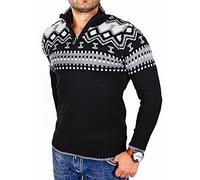 Reslad RS-3110 Men's Knitted Pullover Crew Neck Zip Winter Jumper for Men Norwegian Pullover, black, L