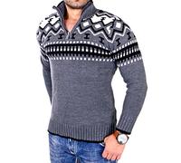 Reslad RS-3110 Men's Knitted Pullover Crew Neck Zip Winter Jumper for Men Norwegian Pullover, charcoal, L