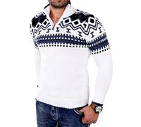 Reslad RS-3110 Men's Knitted Pullover Crew Neck Zip Winter Jumper for Men Norwegian Pullover, White, XXL