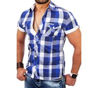 Reslad RS-7065 Men's Short-Sleeved Checked Shirt Figure-Hugging Casual Shirt, blue, M