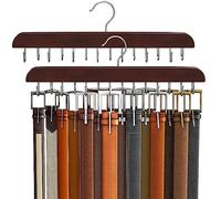 Resovo Belt Hanger for Closet Max 42 Belts, Belt Organizer Closet Accessories with 14 Hooks Belt Rack Sturdy Wood for Closet Organizers and Storage-Mahogany 2 Pack