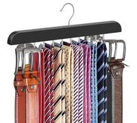 RESOVO Upgraded Tie Rack Hanger with 20 Foldable Metal Hooks, Space Saving Necktie Organizer for Men - Large Capacity Tie and Belt Wooden Hanger for Closet - Black