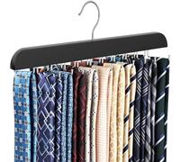 RESOVO Upgraded Tie Rack Hanger with 20 Foldable Metal Hooks, Space Saving Necktie Organizer for Men - Large Capacity Tie and Belt Wooden Hanger for Closet - Black