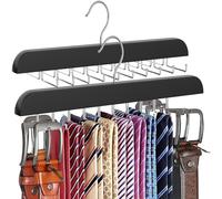 RESOVO Upgraded Tie Rack Hanger with 20 Foldable Metal Hooks, Space Saving Necktie Organizer for Men - Large Capacity Tie and Belt Wooden Hanger for Closet - Black 2 Pack