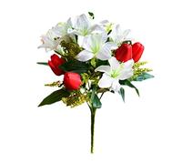 RESOYE Red Artificial Tulip Lily Cemetery Flowers, 2 Pack 15.4 Inch Silks Tulips Grave Decorations Mix Tulip Lily Bouquet for Outdoor Grave