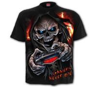RESPAWN GAMERS NEVER DIE TEE T SHIRT TOP SPIRAL GOTHIC ROCKER GAMING GAME