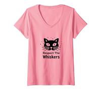 Respect The Whiskers Cat Lover Graphic V-Neck T-Shirt, Women, Pink, M