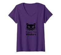 Respect The Whiskers Cat Lover Graphic V-Neck T-Shirt, Women, Purple, L