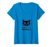 Respect The Whiskers Cat Lover Graphic V-Neck T-Shirt, Women, Sapphire, S