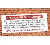 Restaurant Highchair Disclaimer Safety Warning Sign Self Adhesive Gloss Sticker 160mm x 65mm V2