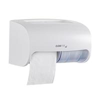 Restaurantware Clean Tek Professional 10.4 x 6.3 x 6.3 Inch Commercial Toilet Paper Dispenser 1 Double Roll Toilet Paper Dispenser - With Sliding Window & Shelf White Plastic Toilet Roll Holder