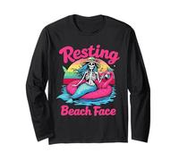 Resting Beach Face Skeleton Mermaid Retro Summer Humor Tee Long Sleeve T-Shirt