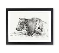 Resting Cow By Jean Bernard Vintage Framed Print | A2 Black Framed Wall Art | Ready to Hang | Classic Animal Picture | Living Room Bedroom Lounge Office
