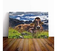 Resting Cow on The Alps Landscape Canvas Print | Gallery Wrapped 30mm Frame Wall Art | 20x14 inches | Ready to Hang | Modern Animals Picture | Living Room Bedroom Lounge Office