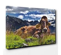 Resting Cow on The Alps Landscape Canvas Print | Gallery Wrapped 30mm Frame Wall Art | 30x20 inches | Ready to Hang | Modern Animals Picture | Living Room Bedroom Lounge Office