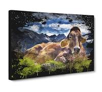 Resting Cow on the Alps Landscape Modern CB Canvas Print | Gallery Wrapped 30mm Frame Wall Art | 20x14 inches | Ready to Hang | Modern Animals Picture | Living Room Bedroom Lounge Office