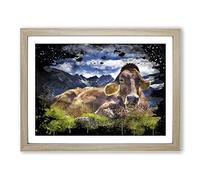 Resting Cow on the Alps Landscape Modern CB Framed Print | A3 Oak Framed Wall Art | Ready to Hang | Modern Animal Picture | Living Room Bedroom Lounge Office