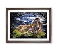 Resting Cow on the Alps Landscape Modern CB Framed Print | A4 Walnut Framed Wall Art | Ready to Hang | Modern Animal Picture | Living Room Bedroom Lounge Office