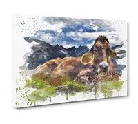 Resting Cow on the Alps Landscape V3 Canvas Print | Gallery Wrapped 30mm Frame Wall Art | 20x14 inches | Ready to Hang | Modern Animals Picture | Living Room Bedroom Lounge Office