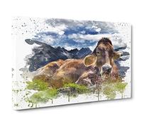 Resting Cow on the Alps Landscape V3 Canvas Print | Gallery Wrapped 30mm Frame Wall Art | 30x20 inches | Ready to Hang | Modern Animals Picture | Living Room Bedroom Lounge Office