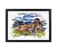 Resting Cow on The Alps Landscape V3 Framed Print | A2 Black Framed Wall Art | Ready to Hang | Modern Animal Picture | Living Room Bedroom Lounge Office