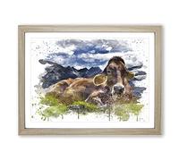 Resting Cow on the Alps Landscape V3 Modern Framed Print | A3 Oak Framed Wall Art | Ready to Hang | Modern Animal Picture | Living Room Bedroom Lounge Office