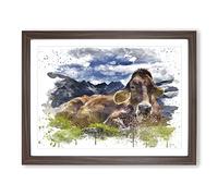 Resting Cow on the Alps Landscape V3 Modern Framed Print | A4 Walnut Framed Wall Art | Ready to Hang | Modern Animal Picture | Living Room Bedroom Lounge Office