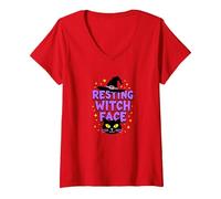 Resting Witch Face: Spooky Halloween Cat Lover Magic V-Neck T-Shirt, Women, Red, S