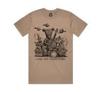 Restless Wears Funny Bear Band of Musicians Playing Guitars & Drums Together T-Shirt - I Like a Bit of Everything Lyrics Quote - Indie Music Apparel & Gifts UK - Organic Cotton T-Shirts - Sand 2XL