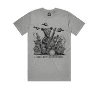 Restless Wears Funny Bear Band of Musicians Playing Guitars & Drums Together T-Shirt - I Like a Bit of Everything Lyrics Quote - Indie Music Apparel & Gifts UK - Organic Cotton T-Shirts - Grey L