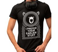 Restless Wears Muso Bear Men's t-Shirts - Festival Essentials T-Shirt Band Merchandise Shirt - Funny 80s 90s Retro - Indie Bear Fashion & Mens Tops - I Prefer Their Earlier Stuff Black T Shirt S