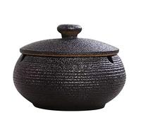 Restokki Decorative Windproof Ceramic Ashtray with Lid, Outdoor Home Office Decor, Black Color