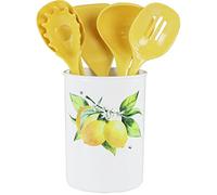 Reston Lloyd 6 Piece Kitchen Utensil Holder for kitchen counter, Utensils crock with Heat Resistant Spoon, Slotted Spoon, Ladle, Spatula BPA Free, Fresh Lemons