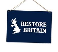 Restore Britain Metal Wall Sign| White on Blue | UK Map Graphic Plaque | Rustic Wall Decor for Home, Shed, Man Cave