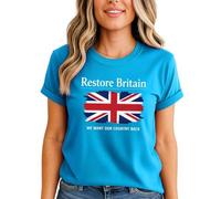 Restore Britain Union Jack Womens Tshirt We Want Our Country Back British Pride Tee UK Patriot Top L (16-18) Azure Blue