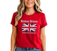 Restore Britain Union Jack Womens Tshirt We Want Our Country Back British Pride Tee UK Patriot Top L (16-18) Red