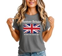 Restore Britain Union Jack Womens Tshirt We Want Our Country Back British Pride Tee UK Patriot Top L (16-18) Light Graphite