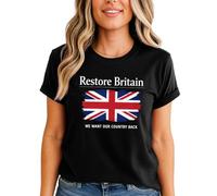 Restore Britain Union Jack Womens Tshirt We Want Our Country Back British Pride Tee UK Patriot Top S (8-10) Black