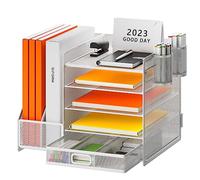 Restorgan Desk Organiser with File Holder, 5-Tier Paper Tray Organiser with Drawer and 2 Pen Holder, Mesh Desk File Organiser with Magazine Holder for Home Office Supplies (white)