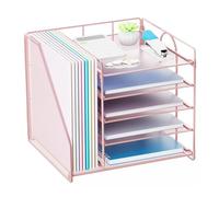 Restorgan Desk Organiser with File Holder, 5 Tiers Paper Letter Tray Organiser, Desktop Organiser and Storage, Mesh Desk Organisers and Accessories for Home Office Supplies (Pink)